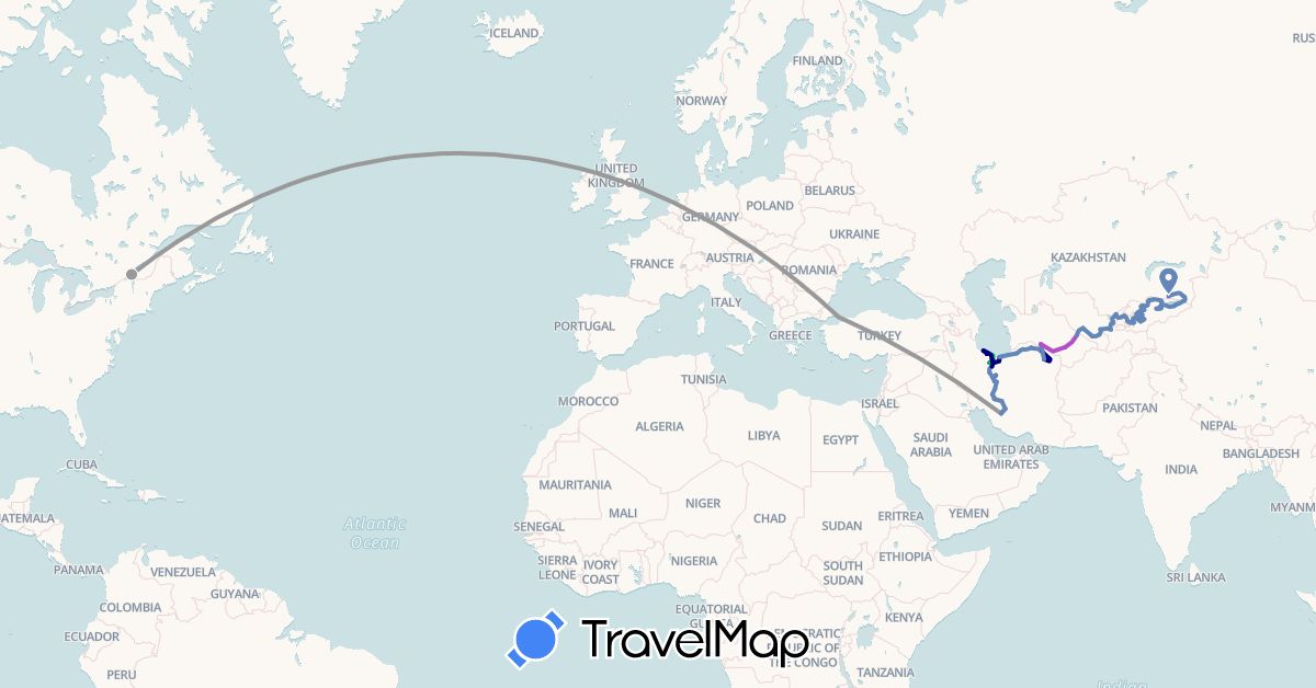 TravelMap itinerary: driving, bus, plane, cycling, train in Canada, Iran, Kyrgyzstan, Kazakhstan, Turkmenistan, Turkey, Uzbekistan (Asia, North America)